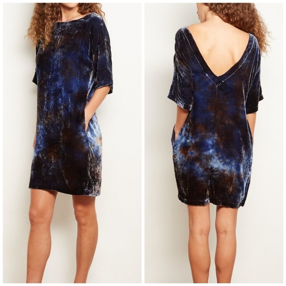 THE ODELLS Deep V Back Dress L Indigo Blue Velvet Silk Dip Dyed Luxe NWT $290